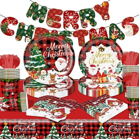 Tumao 146 Pcs Christmas Plates and Napkins Party Supplies, Christmas Party Supplies and Decorations for Family, Red, Serves 24 Guests