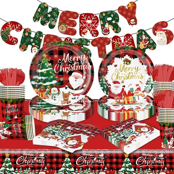 Tumao 146 Pcs Christmas Plates and Napkins Party Supplies, Christmas Party Supplies and Decorations for Family, Red, Serves 24 Guests