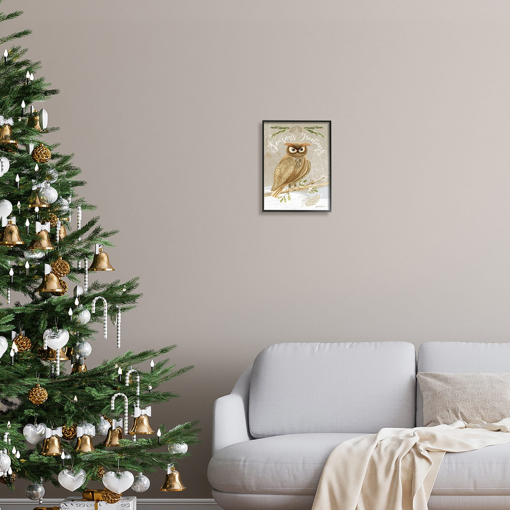 Season's Greetings Winter Snowscape Owl Perched Pinecones Animals & Insects Graphic Art Framed Art Print Wall Art