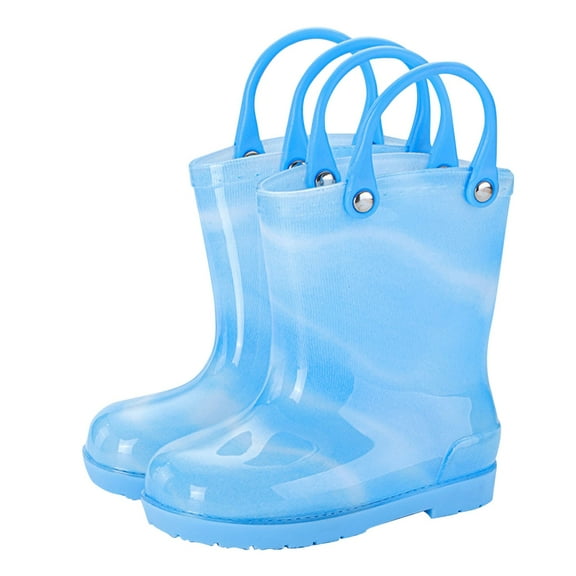 Xfvqtps Kids Child Rain Boots with Handles Blue Gradient Color Mid Calf Waterproof Non Slip Light up Rubber Sole Garden Shoes Outdoor EVA Rain Shoes for 2-9 Years Light Blue