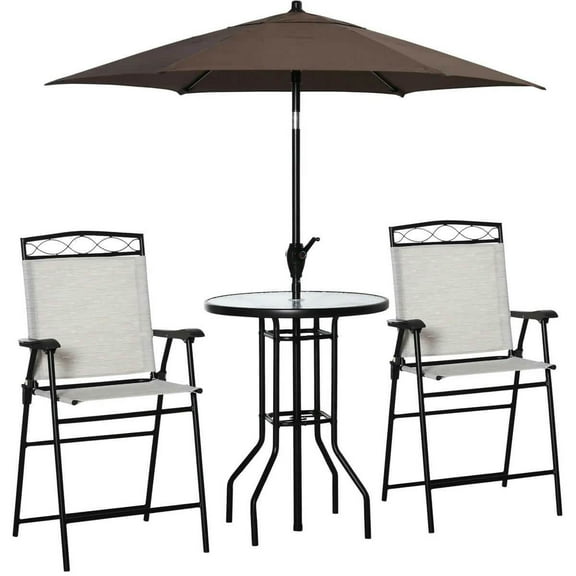 Spaco 4 Pieces Outdoor Patio Dining Furniture Set, 2 Folding Chairs with Adjustable Angle Umbrella, Wave Textured Tempered Glass Dinner Table for Outdoor, Beige