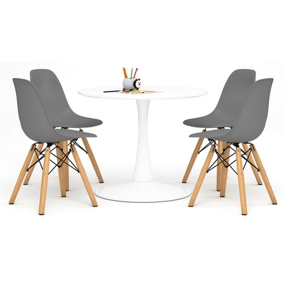 Modholic Kids Tulip Table & Set Of 4 Wood Leg Chairs, Gray