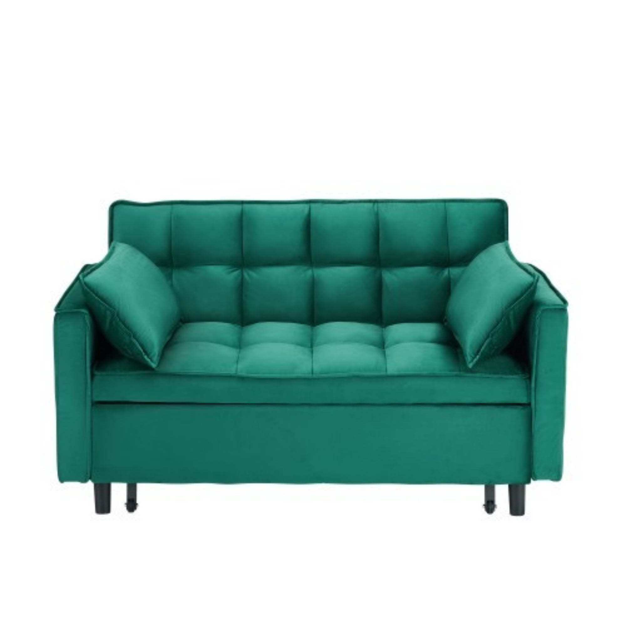 Velvet Loveseat Sofa Bed, 3-in-1 Convertible Sleeper Couch with Pullout Bed & Reclining Backrest, Green