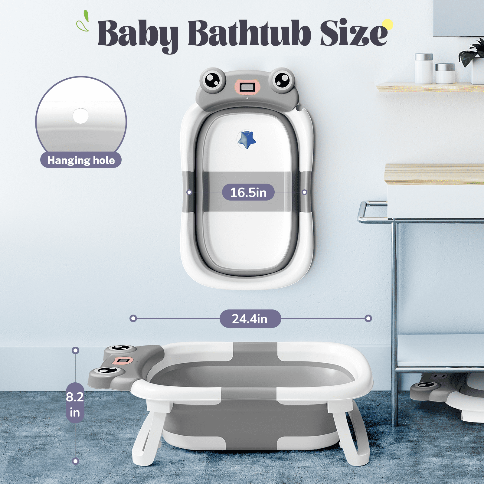 COOSEYA Baby Bathtub, Collapsible Baby Bath Tub with Cushion, Portable, Plastic, 1 Count(Frog/Grey)