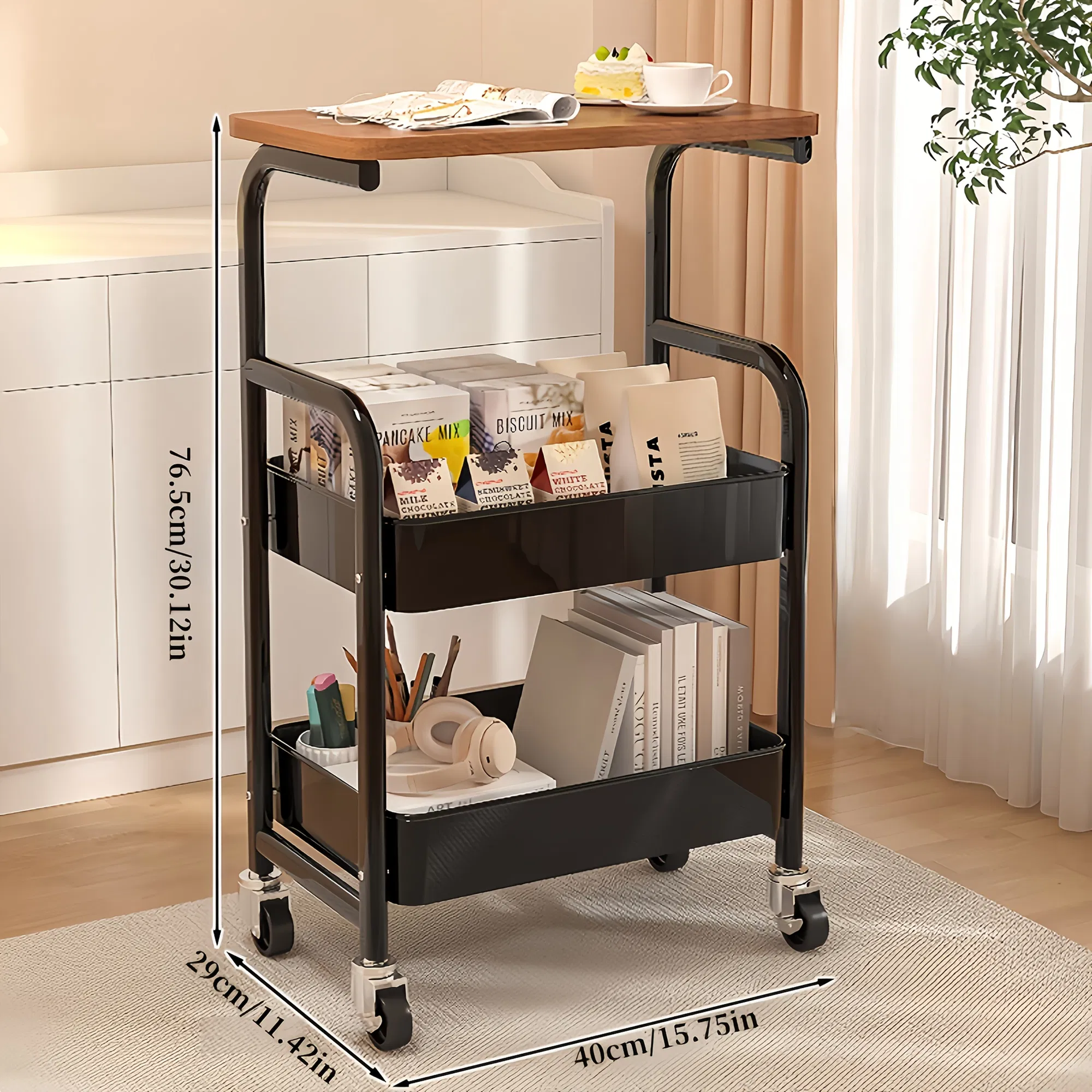 3-Tier Rolling Metal Utility Cart with Wooden Desktop, Lockable Wheels, Multifunctional Storage Rack & Printer Stand for Kitchen Office Bedroom Living Room