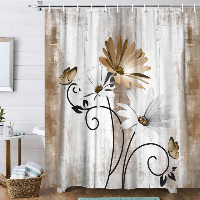 Cortina de ducha Veivian Rustic Farmhouse Farm Tan Cream Daisy
