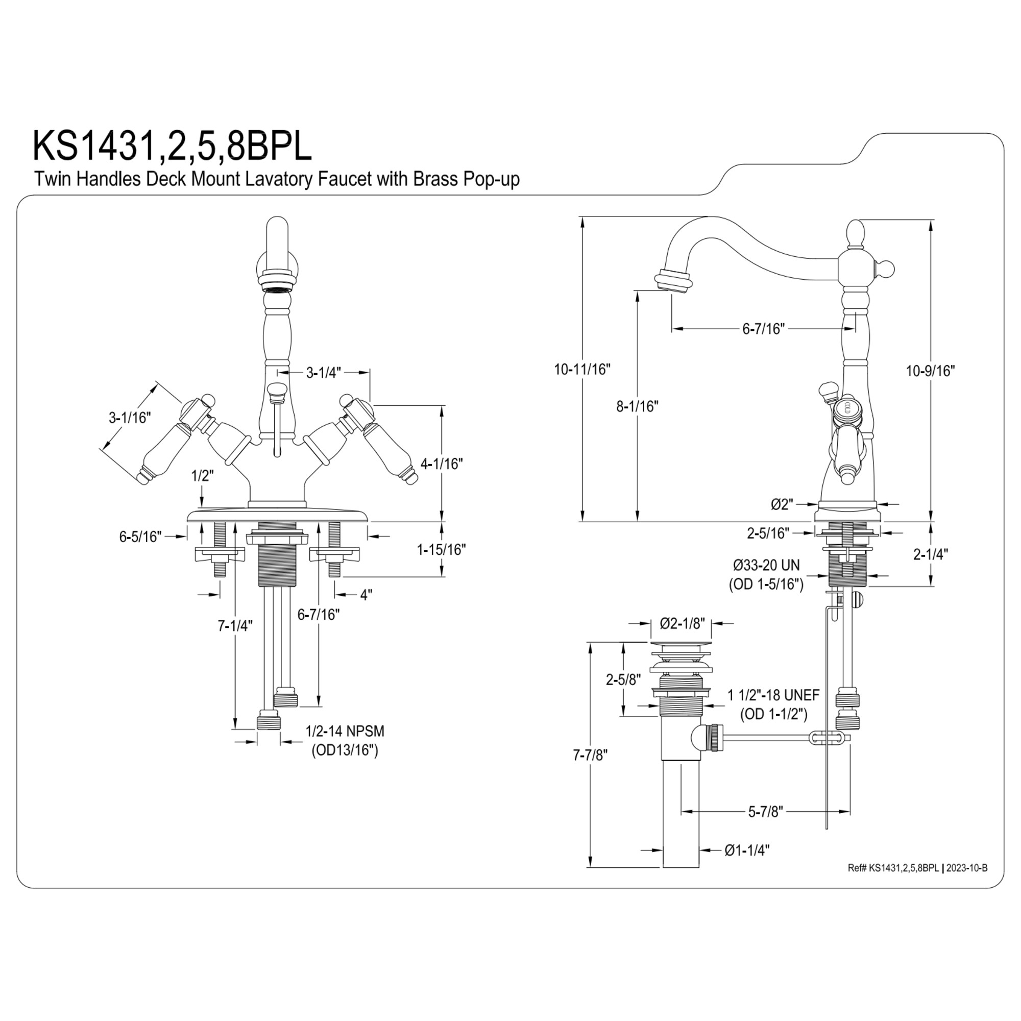 Kingston Brass KS1435BPL Bel-Air Double-Handle 4" Centerset Bathroom Faucet with Brass Pop-Up, Oil Rubbed Bronze