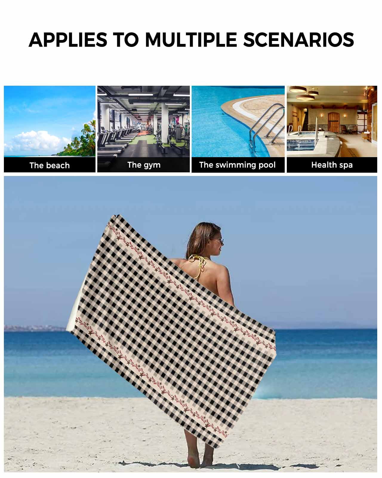 Country Star Plaid Bath Towels for Bathroom Set,Luxury Microfiber Towels Gifts for Women,Beach Kitchen Hand Hair Face Towel and Dish Washcloth,Black Retro American Farm Barn Berry Towels+Set