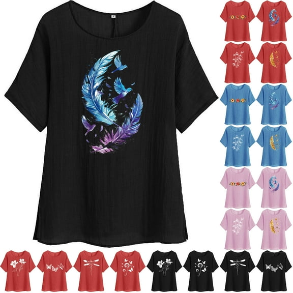lcziwo Cotton and Linen Short Sleeve Tees for Women Trendy Graphic Print Blouse Summer Lightweight Beach Tops Vacation Outfits Sales Prime Pink L