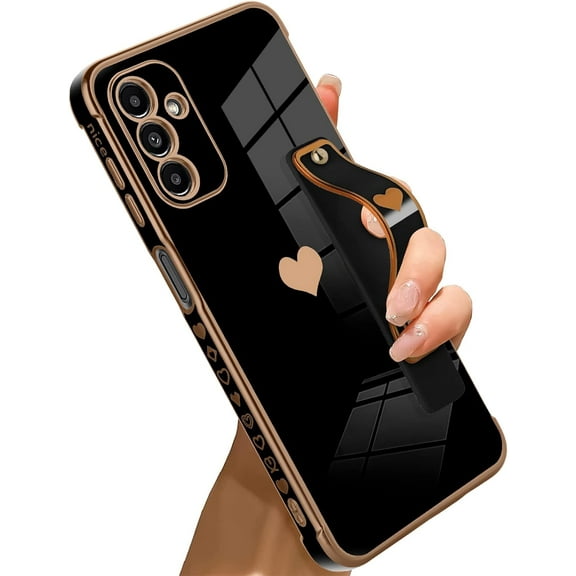 Compatible with Samsung Galaxy A13 5G Case Love Heart Plating Wristband Luxury Elegant Case Camera Protector Soft TPU Kickstand Protective Corner Back Cover Galaxy A13 5G Case -Black