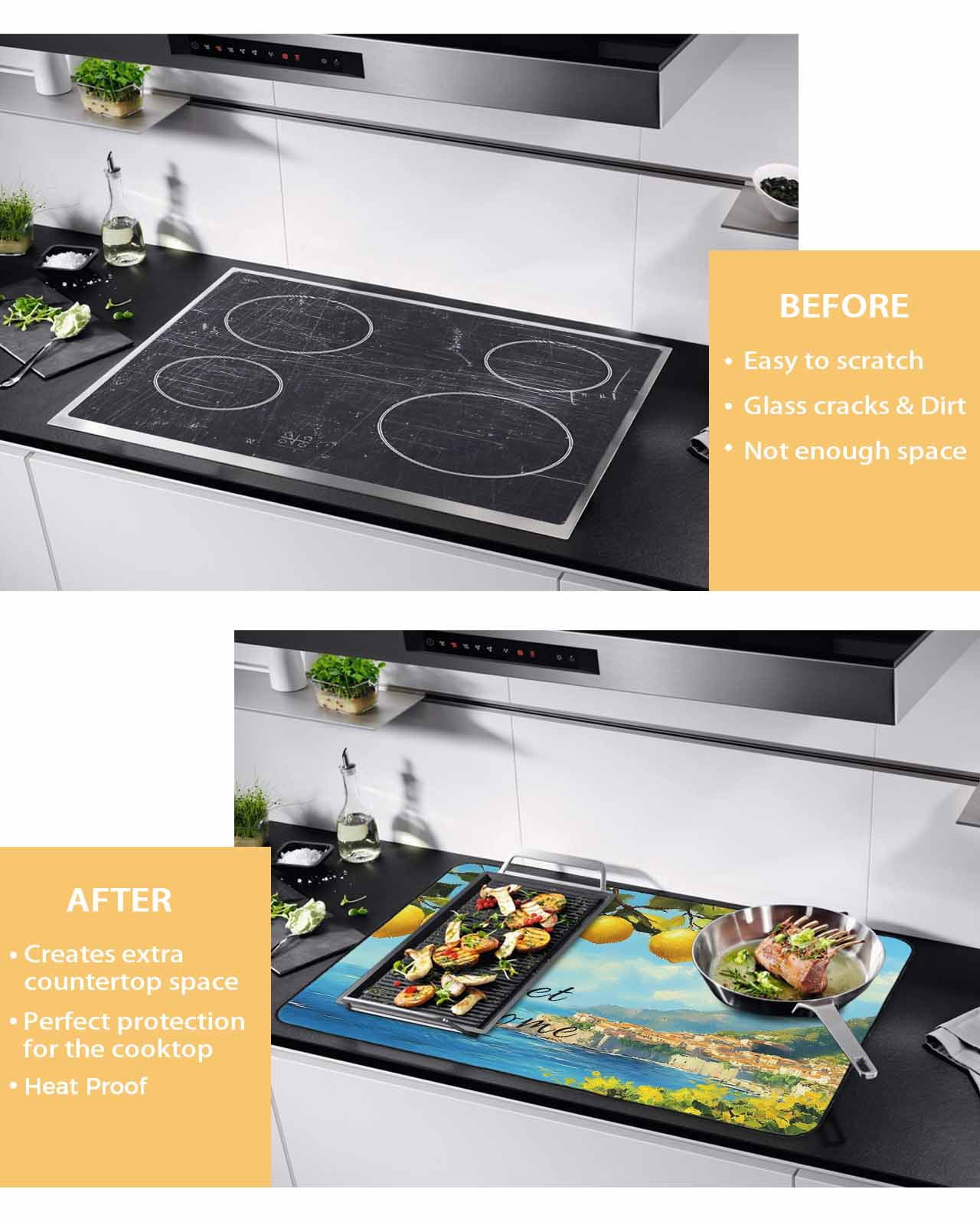nqOlkjepod Large Induction Cooktop Protector Mat 24"x21", Summer Lemon Stove Top Covers for Electric Stove, Coastal Beach Fruit Mountain Town Stove Burner Cover Mats, Glass Top Stove Cover