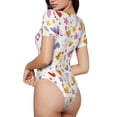 thumbnail image 3 of KLL Women 's Crew Neck Bodysuit Jumpsuits Cartoon Birds & Flowers Print Short onesies Stretch T Shirts, 3 of 7