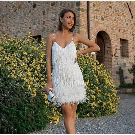 Sexy Women's Fringed Sequin Feather Stitching Dress 2022 Summer Slim V ...