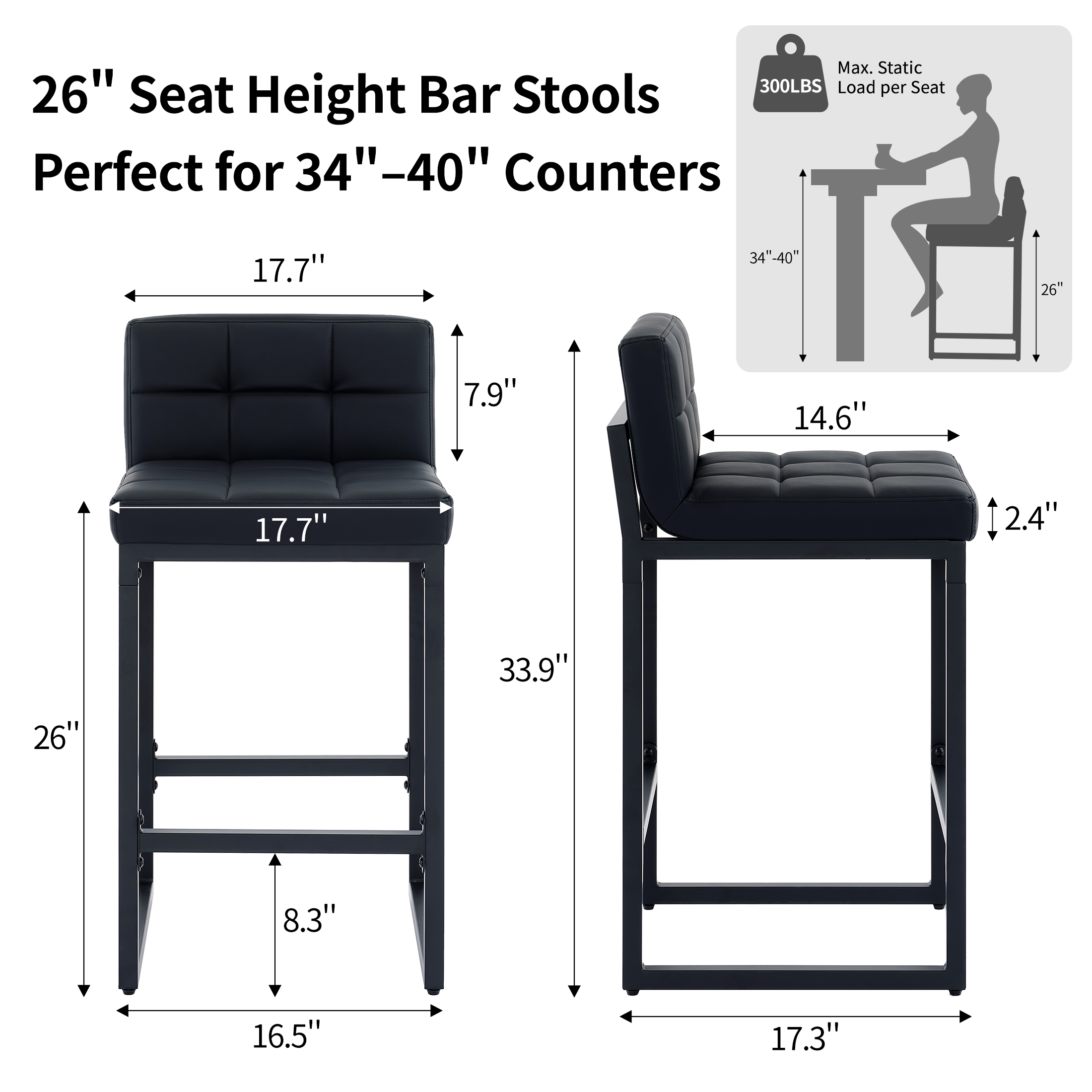 FIRAVOE Counter Height Bar Stools with Back Set of 3, Black photo 2