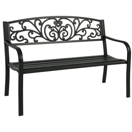 Best Choice Products 50in Steel Outdoor Park Bench Porch Chair Yard Furniture w/ Floral Scroll Design, Slatted Seat for Backyard, Garden, Patio, Porch -