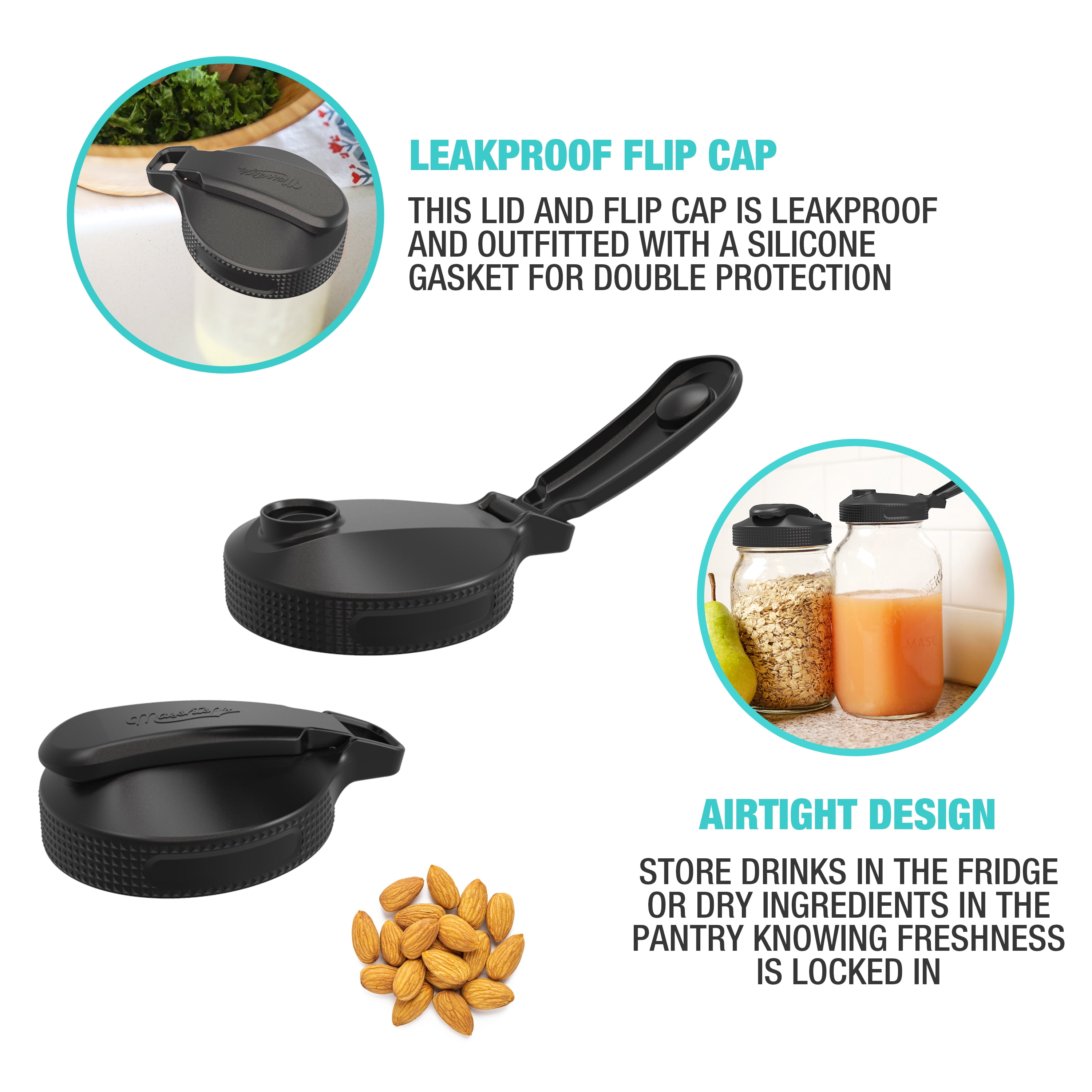 (4 pack) Masontops Regular Mouth Mason Jar Lid with Flip Top Pour Spout, Reusable Plastic Canning Jar Lid for Liquid and Dry Food Storage, BPA-Free and Dishwasher Safe, Black