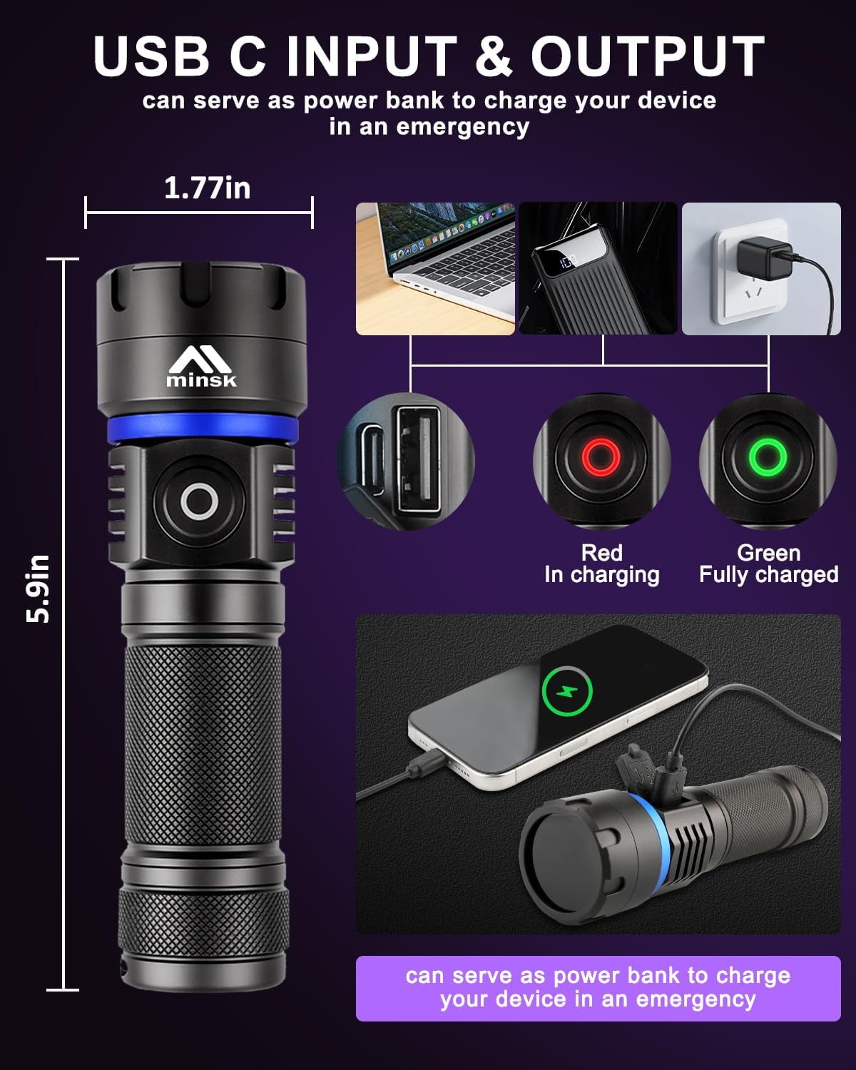 WOLFWAY Black Light 60W, Flashlights High Lumen, USB C Rechargeable, 2 Modes Powerful Lights for Pet Urine Detection, Resin Curing, Minerals, Blood Tracking, AC Leak