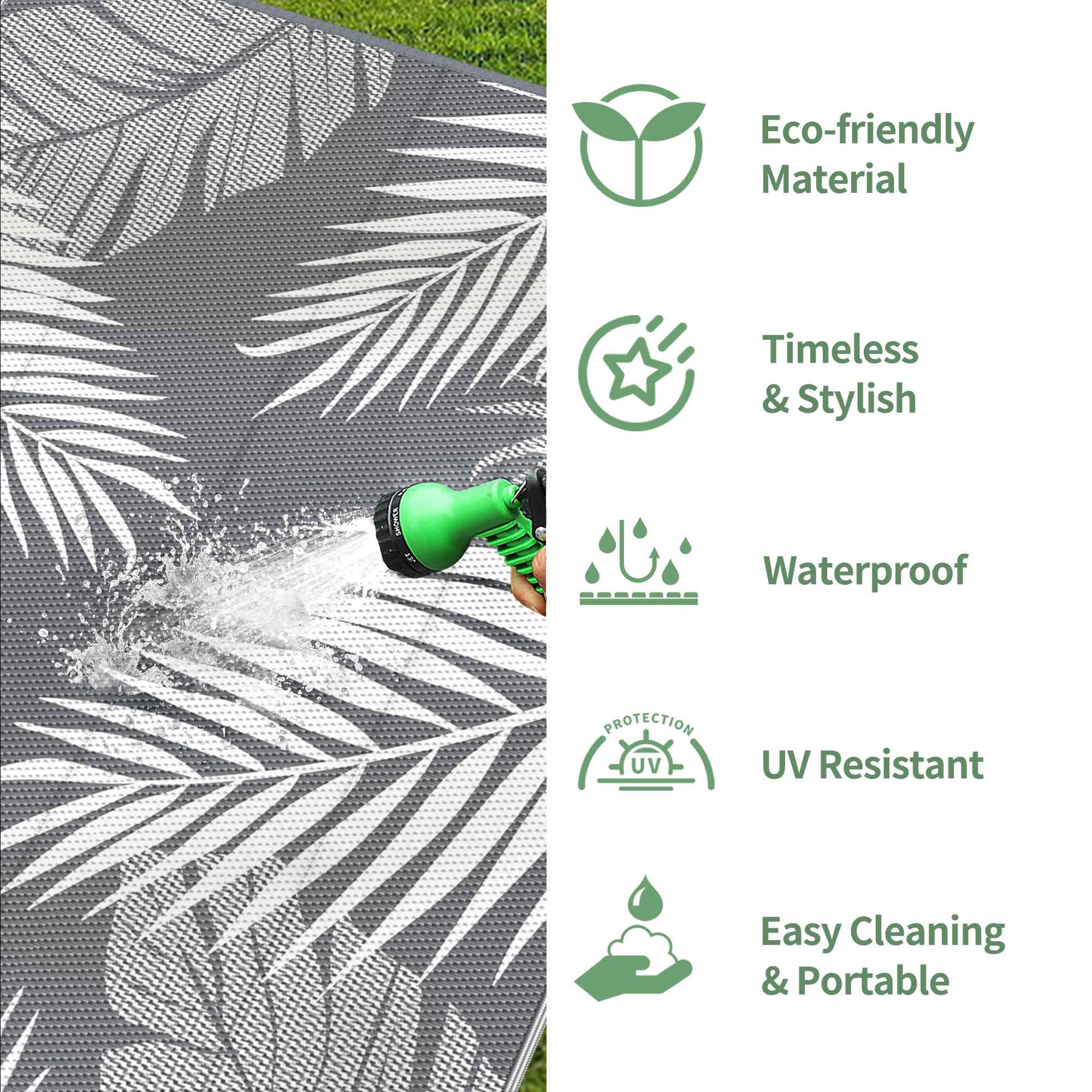 DEORAB 6'x9' Outdoor Rugs Waterproof Patio Lightweight Reversible Plastic Carpet Outside Camping Mat,Gray & White
