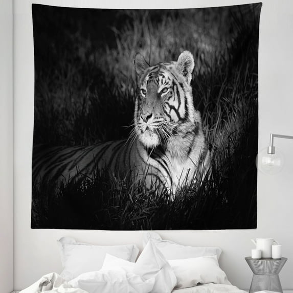 Black and White Tapestry, Bengal Tiger Lying in the Grass Africa Savannah Monochrome Image Print, Fabric Wall Hanging Decor for Bedroom Living Room Dorm, 5 Sizes, Black White, by Ambesonne