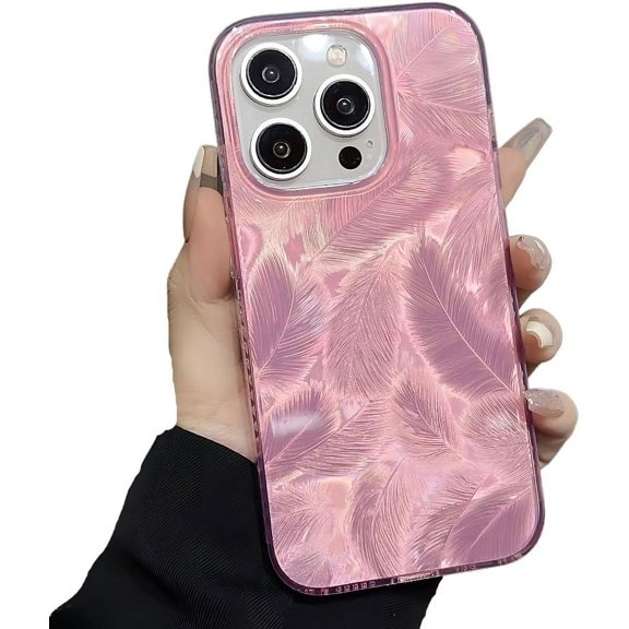 for iPhone Case,Luxury Colorful Blu-ray Feather Glossy Bumper Silicone Camera Lens Protection Soft Shockproof Phone Case (Pink,iPhone 13 Pro Max)