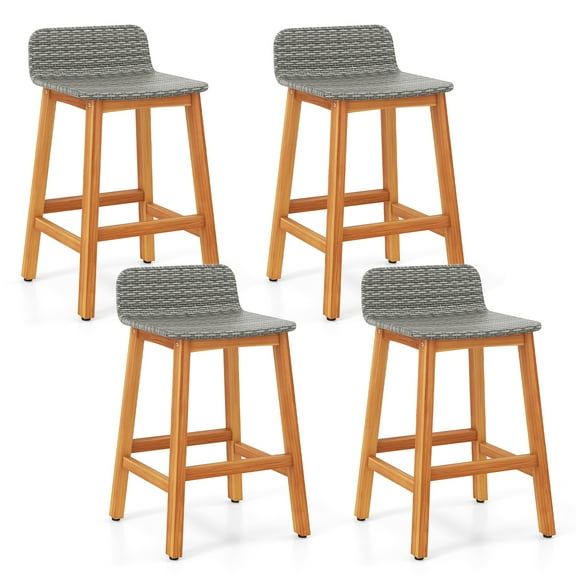 Gymax Solid Acacia Wood Bar Stools Set of 4 Rattan Bar Height Patio Chairs for Porch