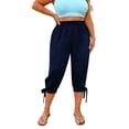 thumbnail image 3 of Women High Waisted Capri Pants with Pockets Tie Knot Straight Leg Cropped Trousers Summer Casual Beach Vacation Pull on Elastic Waist Crop Pants, Navy, 4XL, 3 of 6