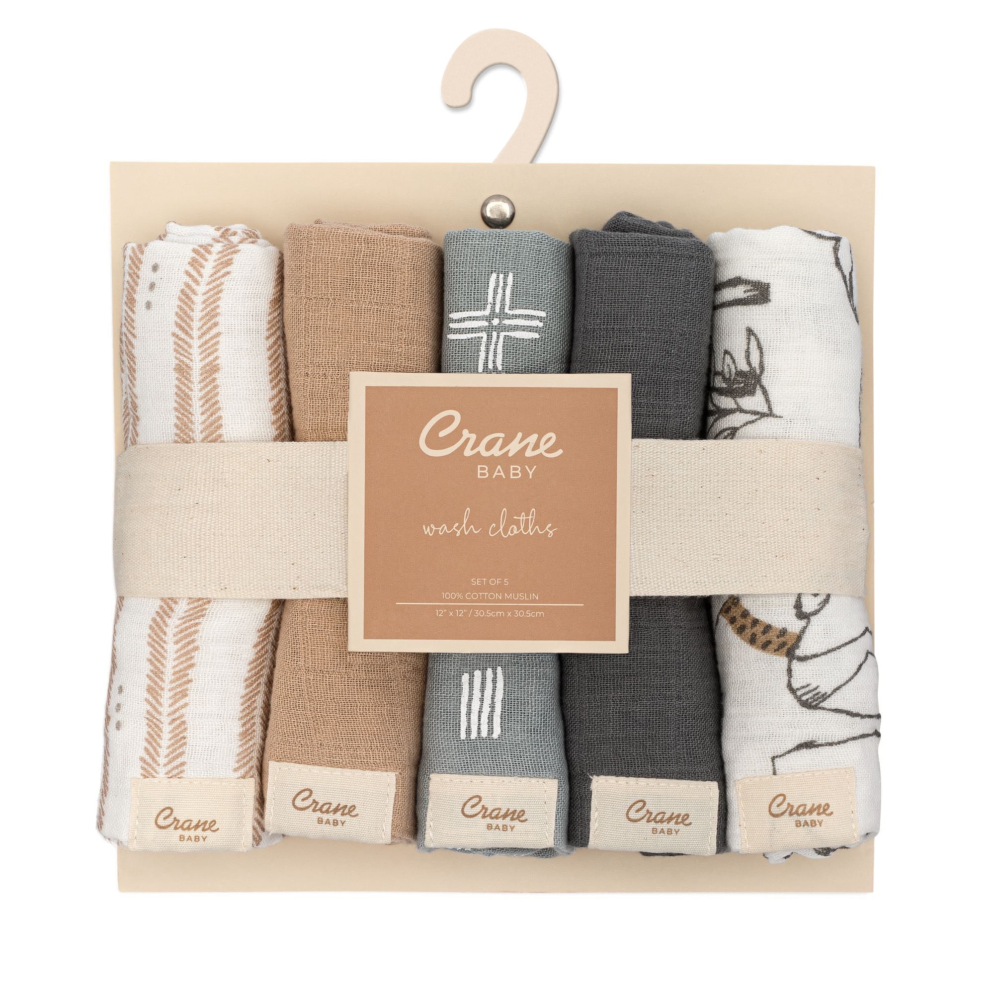 Crane Baby Wash Cloth Set, 100% Cotton Baby Washcloths, Set of 5 Baby Washcloths, Woodland Animal Theme, Baby Washcloths For Newborn, Muslin Baby Washcloths, Newborn Baby Gift, Baby Registry Gift