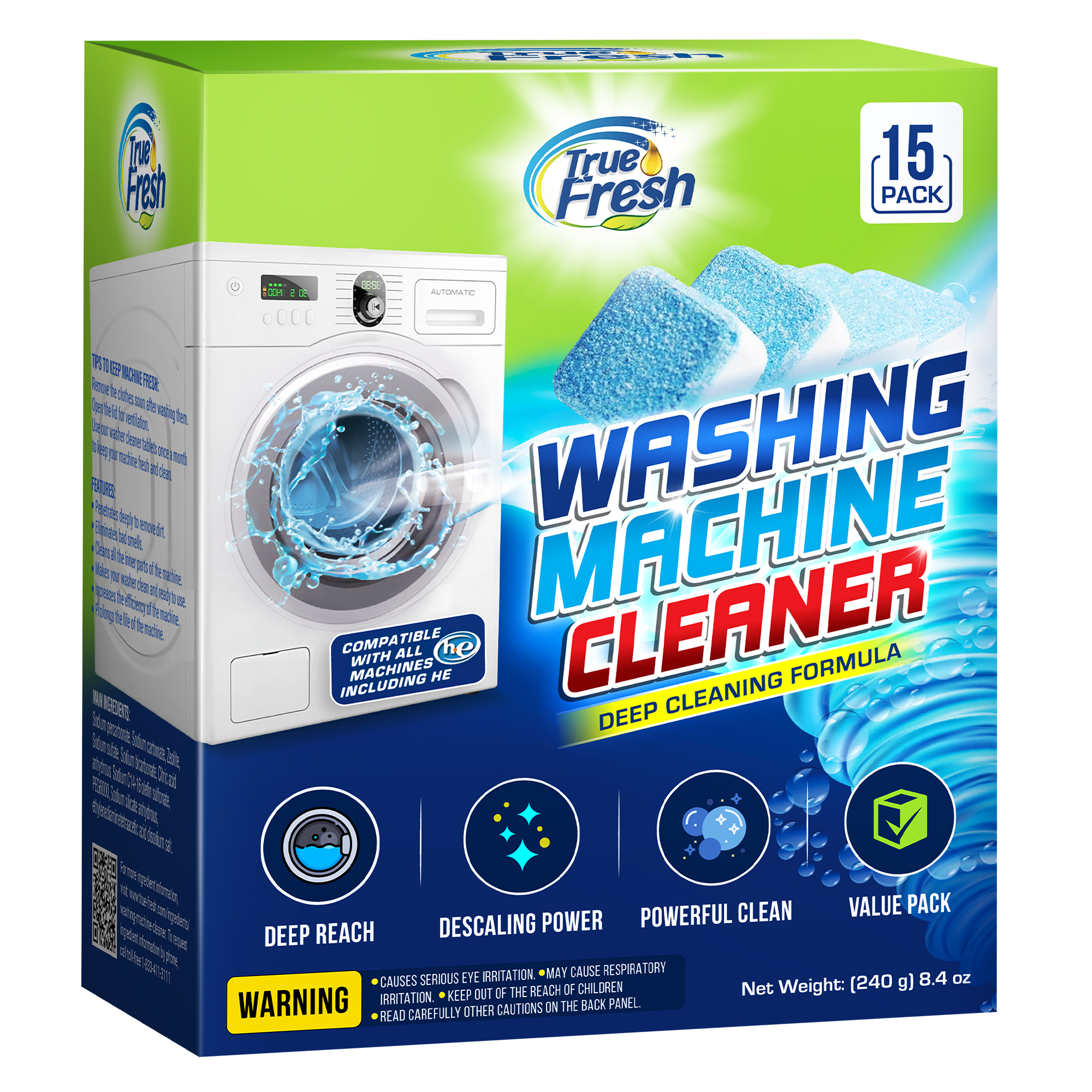 True Fresh Washing Machine Cleaning Tablets 15 Pack, Washer Machine Cleaner Tablets, Washer Cleaner Tablets Front Loader and Top Loader