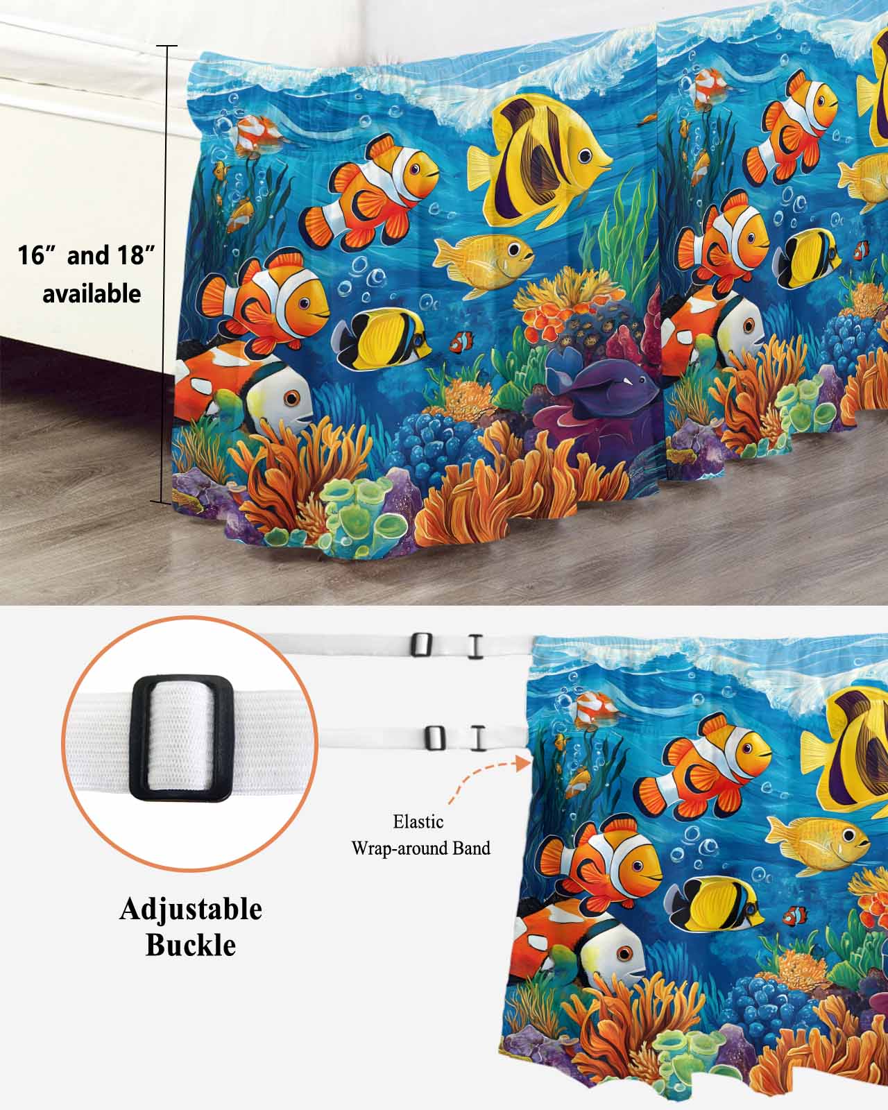 Ocean Tropical Ruffle Bed Skirt King Size Marine Life Colorful Fish Coral Seagrass Adjustable Elastic Dust Bed Skirts Wrap Around Bedskirt Wrinkle Free Easy Fit with 16 Inch Drop