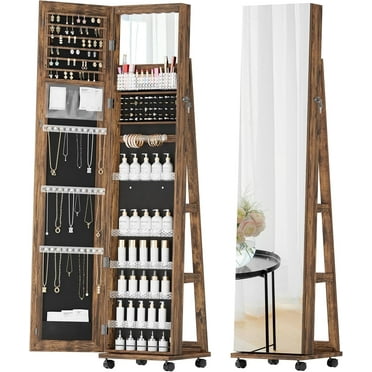 6 LEDs Jewelry Armoire Standing with Full-Length Mirror, Lockable Jewelry Cabinet with 4 Wheels, Jewelry Storage with Rear Storage Shelves, Inside Makeup Mirror, Brown