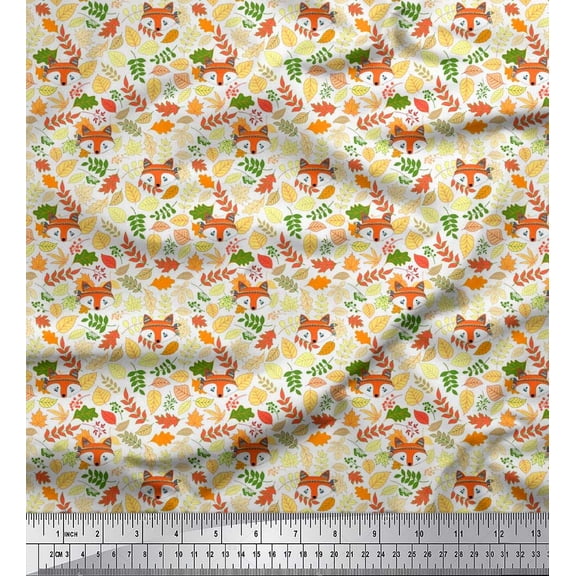 Soimoi Velvet Fabric Leaves & Fox Face Cartoon Decor Fabric Printed Yard 58 Inch Wide
