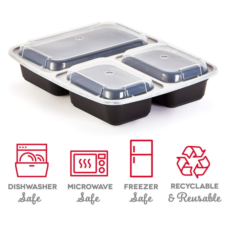 DASH Reusable BPA Free Meal Prep Containers + Bento Box with 3 Compartment  Plates & Lids for Food Storage or Healthy Portion Control, 20 pack, Black 