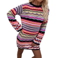 thumbnail image 1 of Women Long Sleeve Crochet Dress Boho Casual Hollow Out Striped Short Dress Knit Sweater Mini Dress, 1 of 7