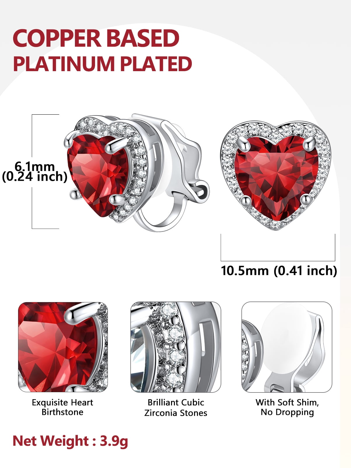 Silvora Clip on Earrings for Women January Red Garnet Heart Birthstone Non Pierced Earring for Daughter Wife Dainty Birthday Christmas Valentines Jewelry Gift