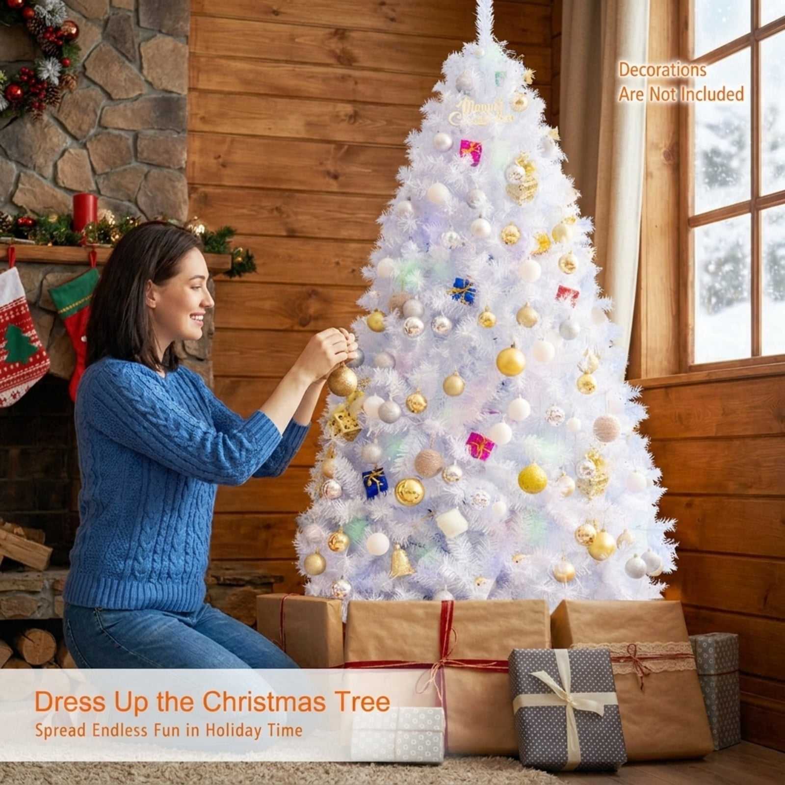 RUIE, 7 ft, Artificial Christmas Tree, 7 Ft White Tinsel Tree, 1156 Branch Tips, White, Hinged Branches for Christmas Party Living Room Decor