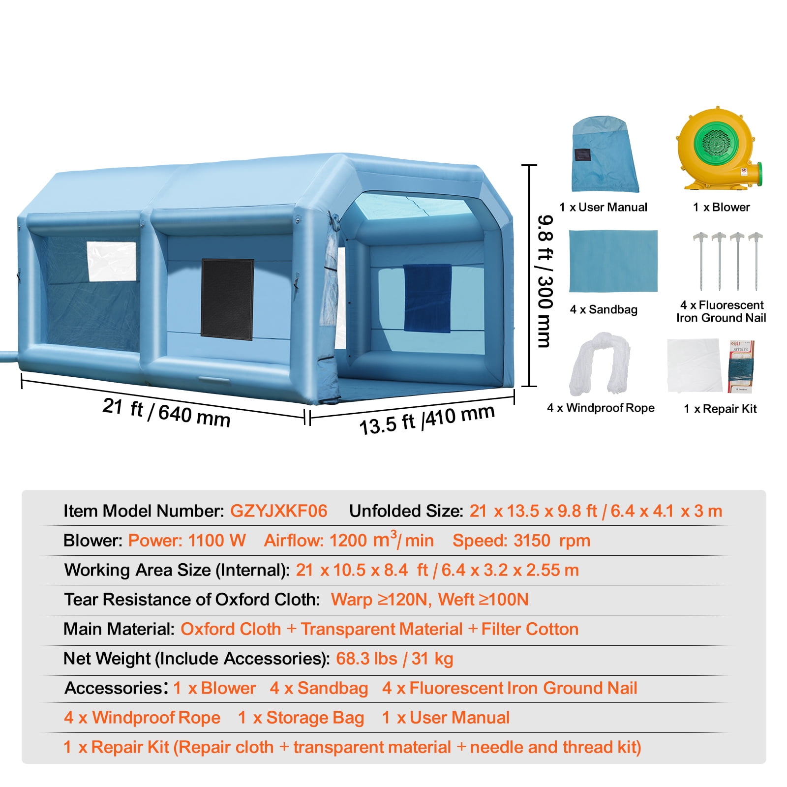 KFFKFF Portable Spray Shelter, 21x13.5x9.8 ft, Includes 1100W Blower & Filtration System, Ideal for Mid-Size Vehicles & Bulky Furniture