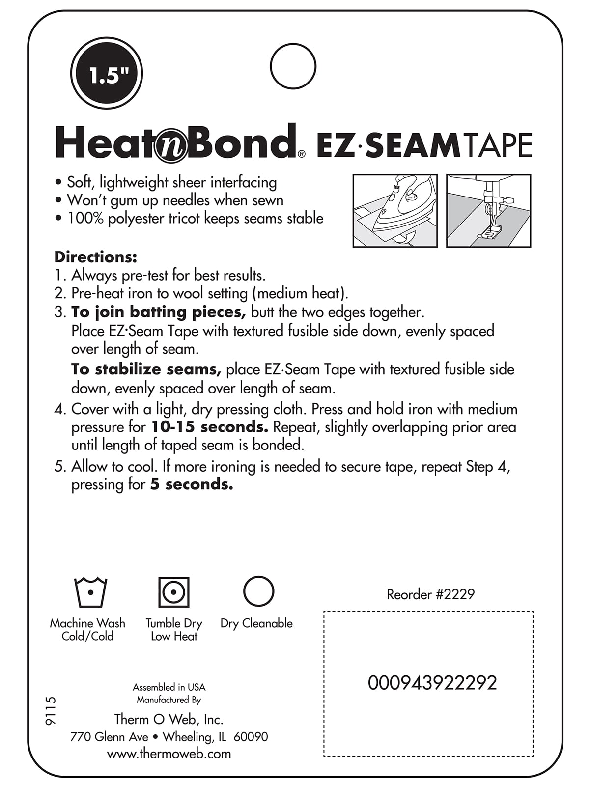 HeatnBond EZ Seam Fusible Batting Seam Tape, 1.5" x 15 Yard Roll, White, 2 Pack