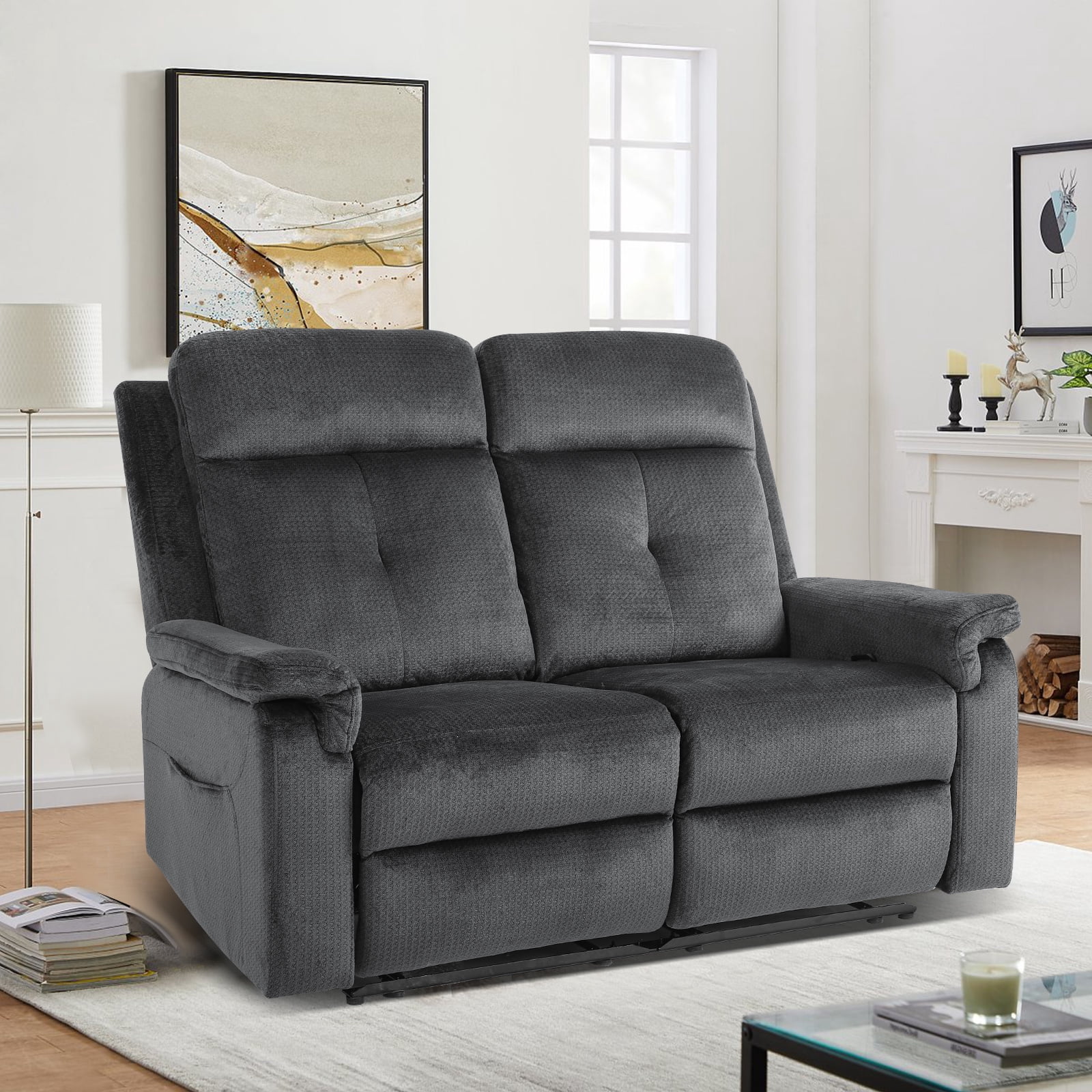 Fabric Loveseat Recliner Sofa with Heat and Massage, Wall Hugger Loveseat Recliner with Side Pocket, Reclining Loveseat for Living Room, Home Theater, RV