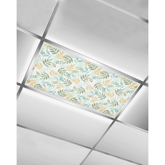 Fluorescent Light Covers for Ceiling Lights 1 Pack, Orange Sage Green Botanical Magnetic Ceiling Light Covers 2x4ft for Classroom Office School, Pastoral Leaf Watercolor Drop Ceiling Light Shade