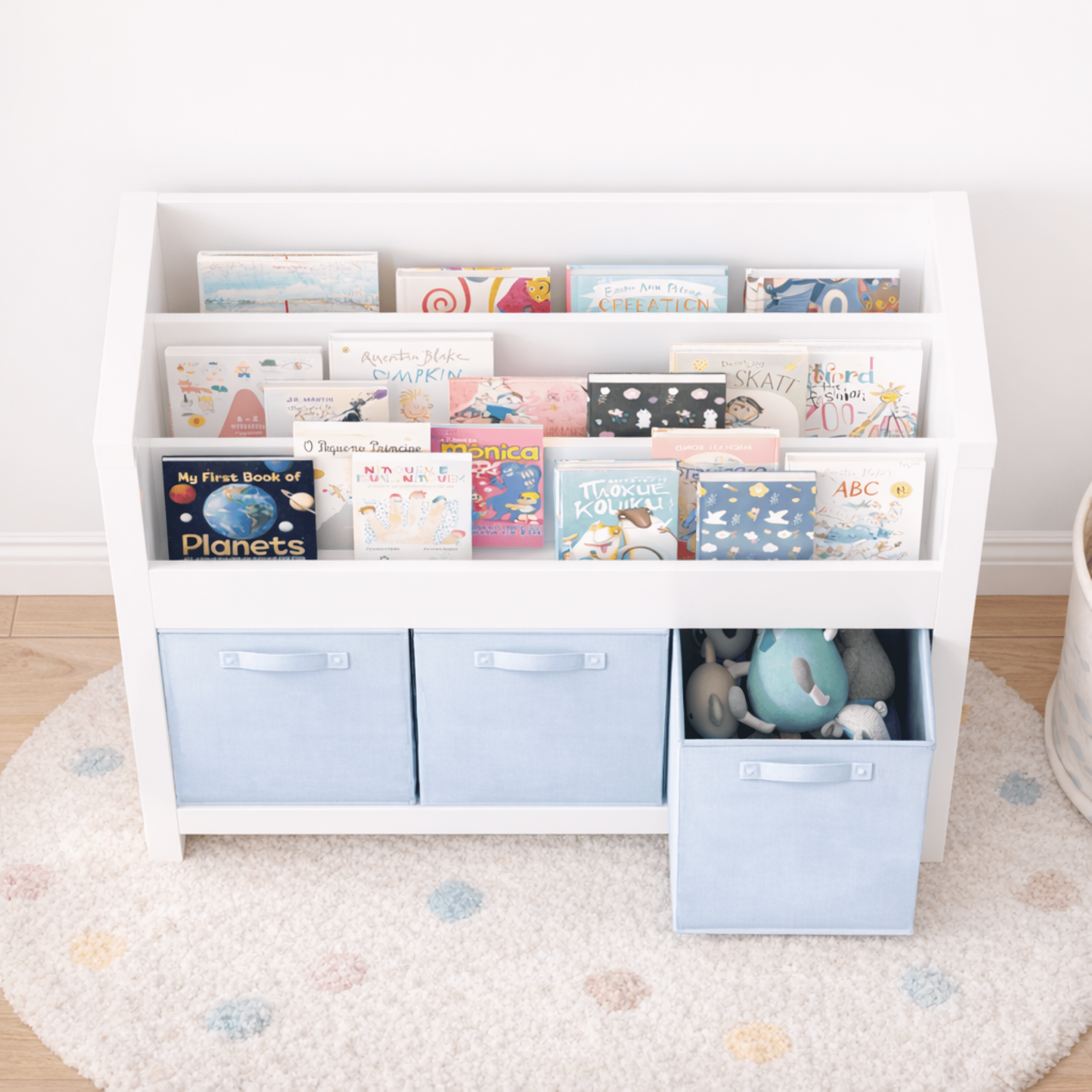 Wooden Kids Bookshelf with 3 Front-Facing Tiers and 3 Fabric Bins, MDF Book Organizer for Books Toys, Storage Bookcase for Playroom Nursery Bedroom