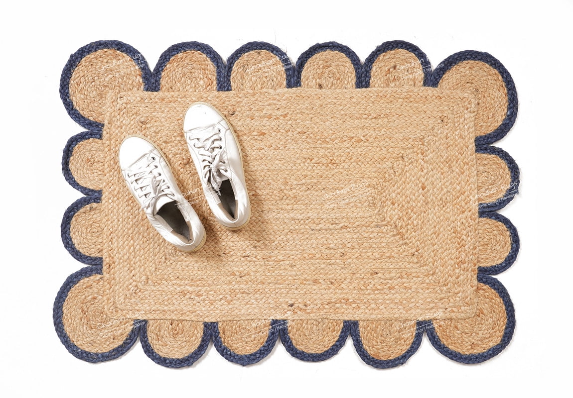 Rectangle Rug Natural Jute Rug Hand Braided Beige and Light Nevy Blue Color Area Rug