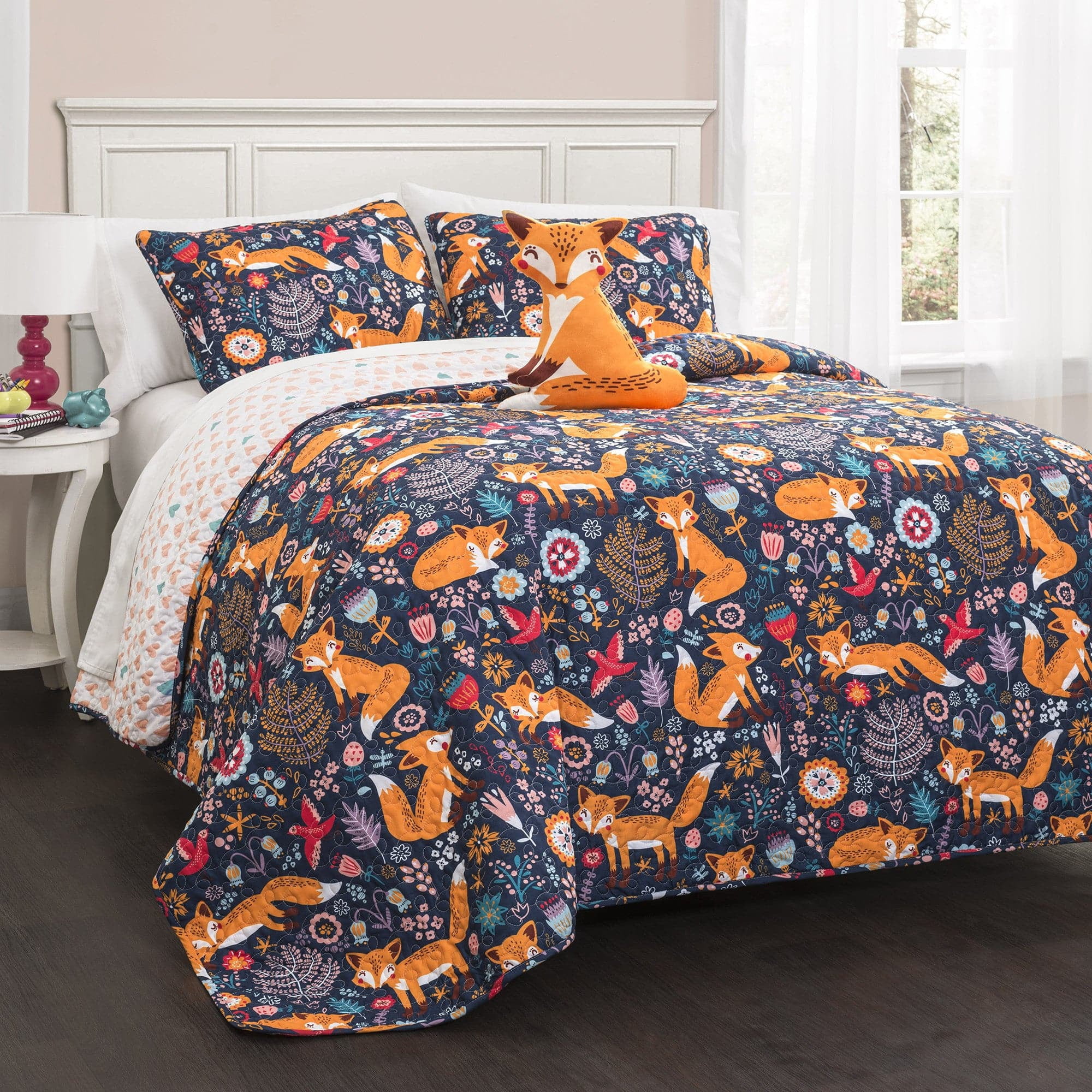 Lush Decor Pixie Fox Kids Animal Print Reversible Quilt, Full/Queen, Navy, 4-Pc Set