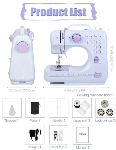 Sewing Machine for Beginners - Portable Electric Hand Mini Sewing Machine 12 Built-In Stitches with 2 Speed Foot Pedal Small Handheld Maquina de Coser Purple