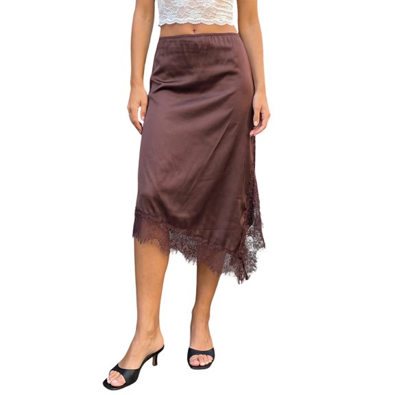 LMLYSoH Women Skirt Elastic Waist Lace Patchwork Irregular Hem Side Slit Casual Going Out Skirts