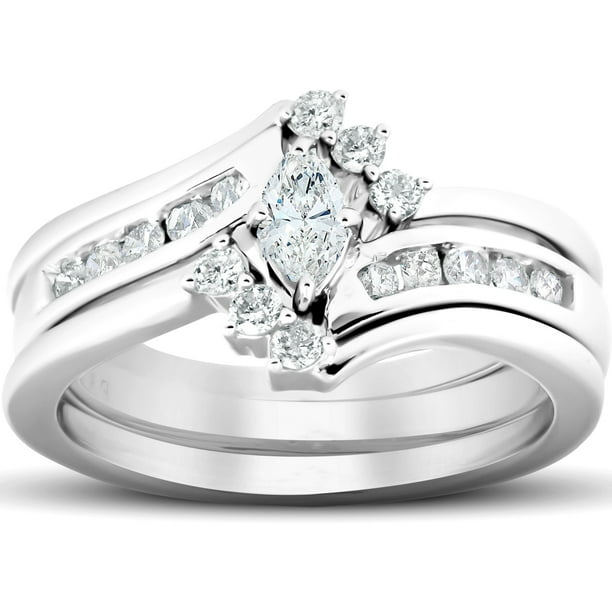 Pompeii3 1/2 Ct Marquise Diamond Engagement Trio Wedding Ring Set 10k White Gold