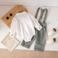 thumbnail image 6 of Rggeeun Baby Boys' Clothing Sets Bow Button Down Long Sleeve Lapel Collar Bodysuits & Cute Plaid Graphic Overalls 2 Piece Outfits Fall Matching Sets Play Sports Classic,Green,12-18 Months, 6 of 9