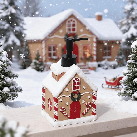 Gingerbread House Soap Dispenser, Solid Resin with Candy Cane Wreath Design, Christmas Bathroom Decor