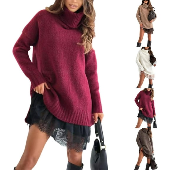 Women’s Turtleneck Sweater Mini Dress Set, Oversized Knit Top with Lace-Trim Slip Dress, Fall Winter 2-Piece Outfit
