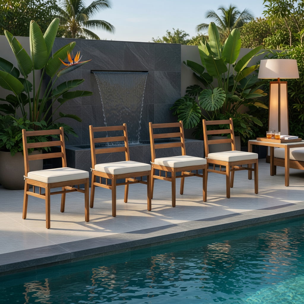 Hommoo Set of 4 Outdoor Acacia Wood Dining Chairs with Removable Polyester Cushions, Heavy-Duty H-Frame, White