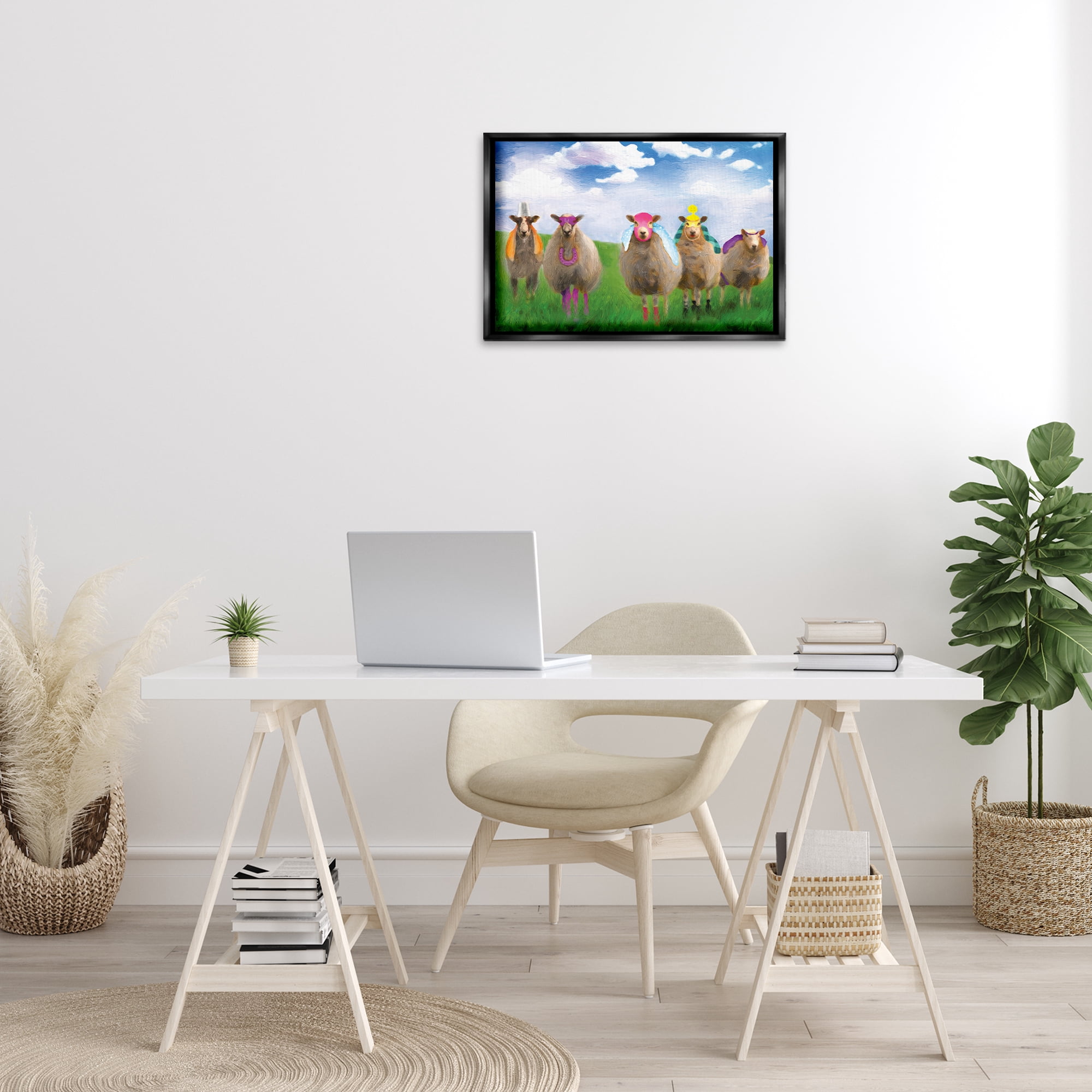 Stupell Industries Superhero Sheep in Field Animals & Insects Painting Black Floater Framed Canvas Art Print Wall Art, 25 x 17